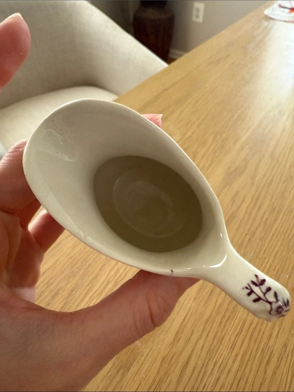 Classic White Ceramic Creamer with Plum Transferware Design
